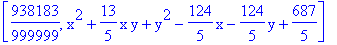 [938183/999999, x^2+13/5*x*y+y^2-124/5*x-124/5*y+687/5]